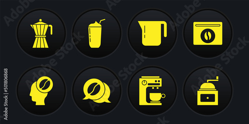 Set Barista, Bag of coffee beans, Coffee and conversation, machine, pot, Milkshake, Manual grinder and moca icon. Vector