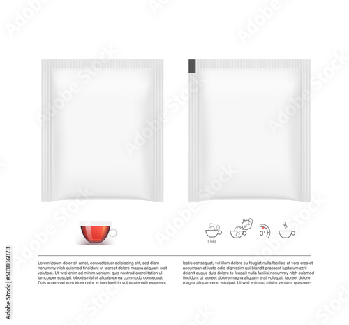 Realistic tea sachet mockup set. Front view. Vector illustration isolated on white background. Ready for your design. EPS10.	