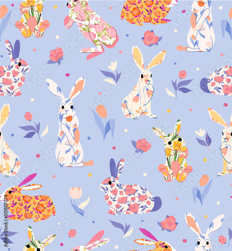 Cute colorful rabbits with flower seamless vector pattern with on blue background. Perfect for branding, package, fabric and textile, wrapping paper