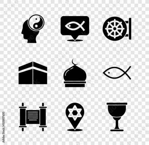 Set Yin Yang, Christian fish, Dharma wheel, Decree, paper, parchment, scroll, Star of David, Holy grail or chalice, Kaaba mosque and Muslim Mosque icon. Vector