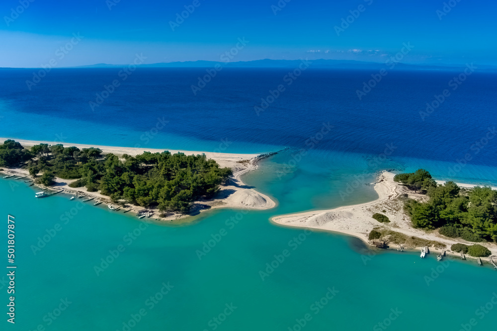 Aerial view of Glarokavos beach in Kassandra peninsula. Chalkidiki, Greece