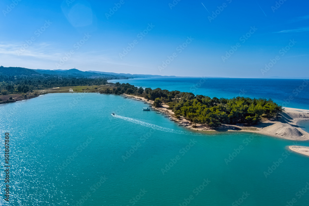 Aerial view of Glarokavos beach in Kassandra peninsula. Chalkidiki, Greece Aerial view of Glarokavos beach in Kassandra peninsula. Chalkidiki, Greece