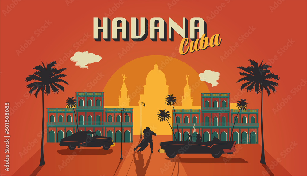 Εκτύπωση καμβά Havana Cuba skyline silhouette city retro style illustration.