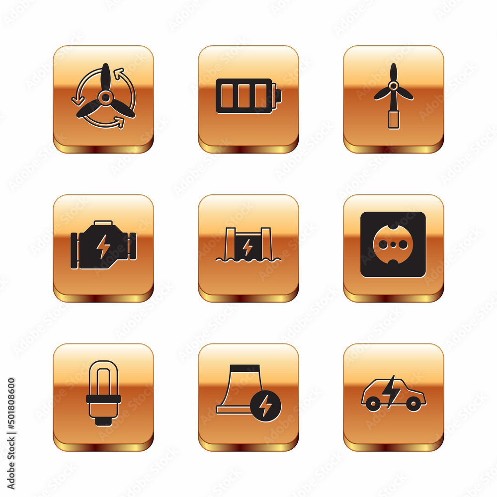 Set Wind turbine, LED light bulb, Nuclear power plant, Hydroelectric dam, Check engine, Electric car and Battery icon. Vector Set Wind turbine, LED light bulb, Nuclear power plant, Hydroelectric dam, Check engine, Electric car and Battery icon. Vector