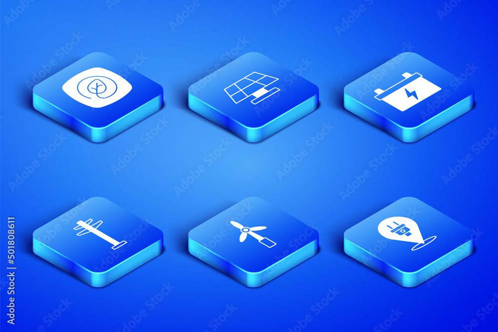 Set Electric plug, Location with leaf, Wind turbine, tower, Solar energy panel and Car battery icon. Vector Set Electric plug, Location with leaf, Wind turbine, tower, Solar energy panel and Car battery icon. Vector