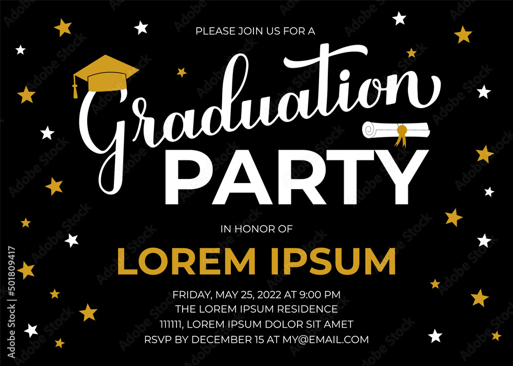 Graduation party invitation card. Grad party invite. Graduation celebration announcement. Vector template