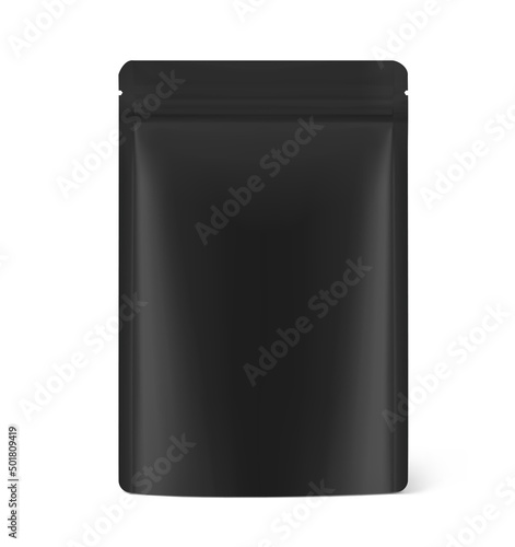 Realistic black dot pack bag mockup isolated on white background. Vector illustration. Front view. Perfect to make final pack shot your product. EPS10.