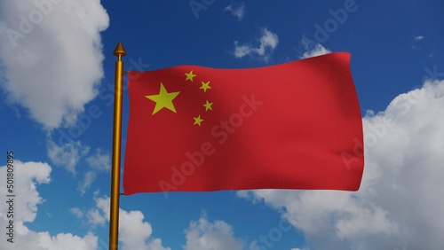 Flag of China waving 3D Render with flagpole and blue sky, National Flag of the Peoples Republic of China, Five-starred Red Flag, Chinese Communist Revolution photo
