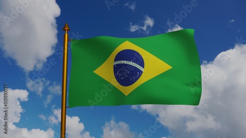 National flag of Brazil waving 3D Render with flagpole and blue sky, Brazil flag textile or Bandeira do Brasil, Federative Republic of Brazil, national motto Order and Progress
