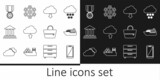 Set line Smartphone, mobile phone, Ship, Cloud download, upload, Bank building, Medal with star, Handbag and Snowflake icon. Vector