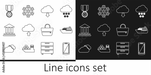 Set line Smartphone, mobile phone, Ship, Cloud download, upload, Bank building, Medal with star, Handbag and Snowflake icon. Vector