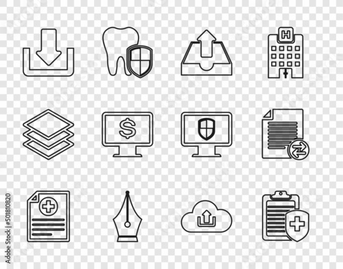 Set line Clinical record, Clipboard with medical insurance, Upload inbox, Fountain pen nib, Download, Monitor dollar, Cloud upload and Transfer files icon. Vector