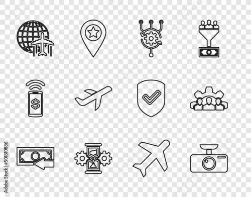 Set line Cash back, Car DVR, Algorithm, Hourglass and gear, Globe with flying plane, Plane, and Project team base icon. Vector