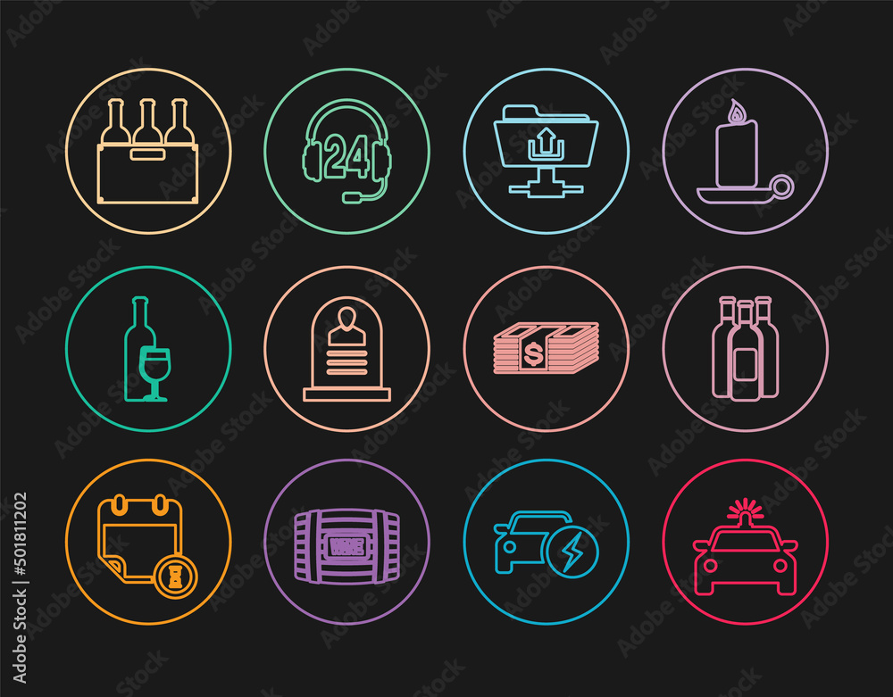 Set line Police car and flasher, Bottles of wine, FTP folder upload, Tombstone with RIP written, Wine bottle glass, box, Paper money dollars cash and Headphone for support icon. Vector Set line Police car and flasher, Bottles of wine, FTP folder upload, Tombstone with RIP written, Wine bottle glass, box, Paper money dollars cash and Headphone for support icon. Vector