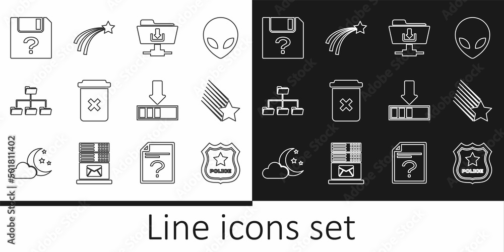 Set line Police badge, Falling star, FTP folder download, Trash can, Folder tree, Unknown document, Loading and icon. Vector