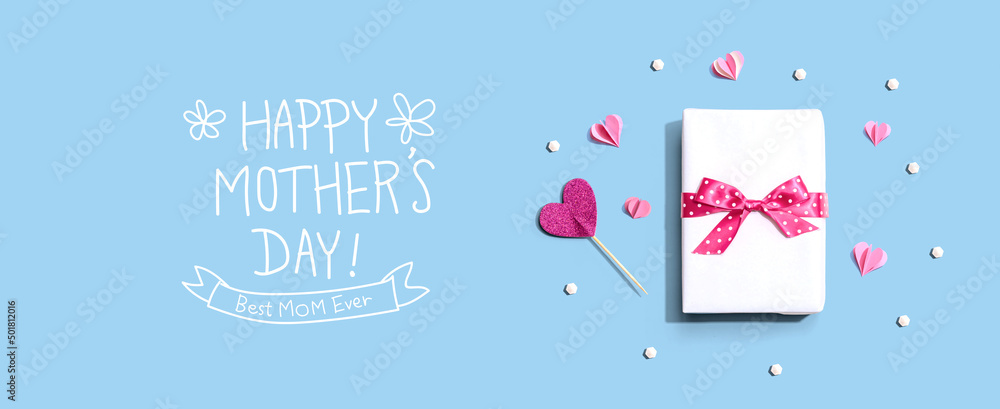 Happy Mothers day message with a gift box and paper hearts