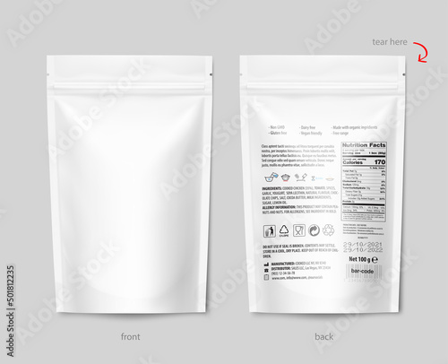Realistic stand up pouch bag mockup. Vector illustration on grey background. Front and rear view. Perfect for presentation your product. EPS10.	