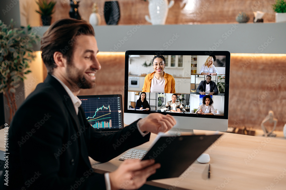 Group brainstorm by video call. Successful caucasian male stock agent, conducts online trading lesson, talking by a video conference with team, working out a crypto strategy, discussing risks