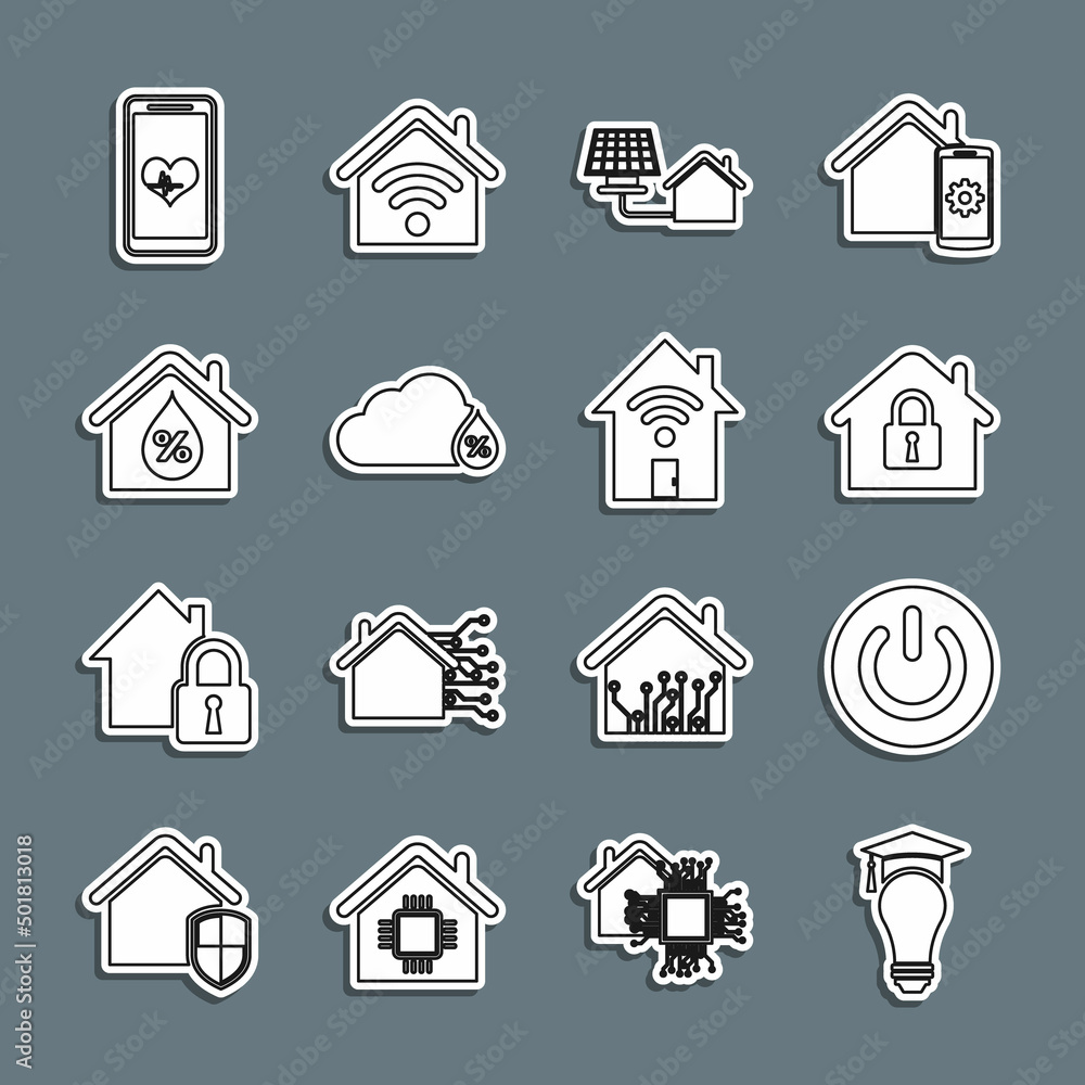 Set line Light bulb and graduation cap, Power button, House under protection, with solar panel, Humidity, humidity, Mobile heart rate and Smart home wi-fi icon. Vector Set line Light bulb and graduation cap, Power button, House under protection, with solar panel, Humidity, humidity, Mobile heart rate and Smart home wi-fi icon. Vector