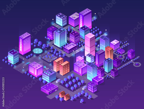 City night 3D illustration neon ultraviolet of urban infrastructure