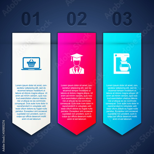 Set Shopping basket on laptop, Graduate with graduation cap and Coffee machine pot. Business infographic template. Vector