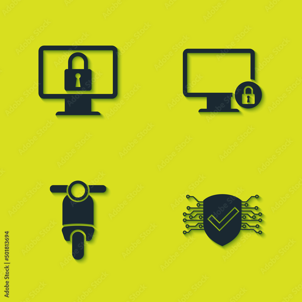 Set Lock on monitor, Cyber security, Scooter and icon. Vector Set Lock on monitor, Cyber security, Scooter and icon. Vector