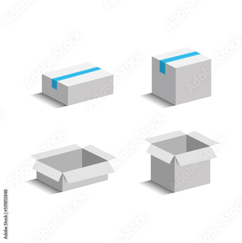 Opened and closed cardboard 4 Boxes, Isolated On White Background. Vector illustration.