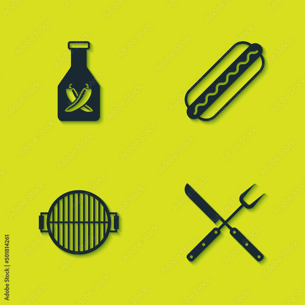Set Ketchup bottle, Crossed fork and knife, Barbecue grill and Hotdog sandwich icon. Vector Set Ketchup bottle, Crossed fork and knife, Barbecue grill and Hotdog sandwich icon. Vector