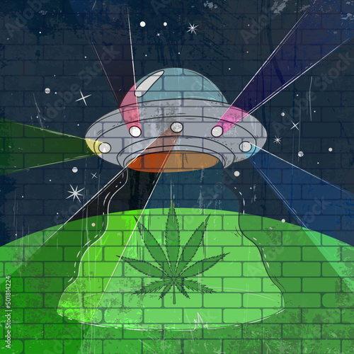 Graffiti on brick wall. UFO visits the earth to abduct a marijuana leaf in the middle of the night