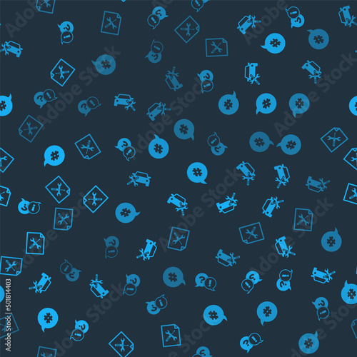 Set Question and Exclamation, Car service, Hashtag speech bubble and File document on seamless pattern. Vector