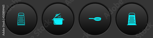 Set Grater, Cooking pot, Frying pan and icon. Vector