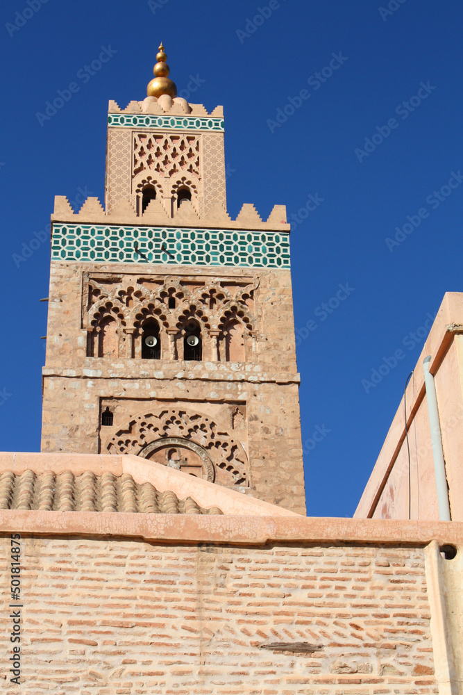 View of a mosque in Marrakesh, Morocco.