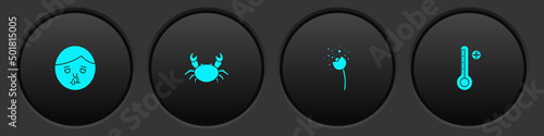 Set Runny nose, Crab, Flower producing pollen and Medical digital thermometer icon. Vector