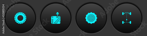 Set Car tire, Gear shifter, wheel and Chassis car icon. Vector