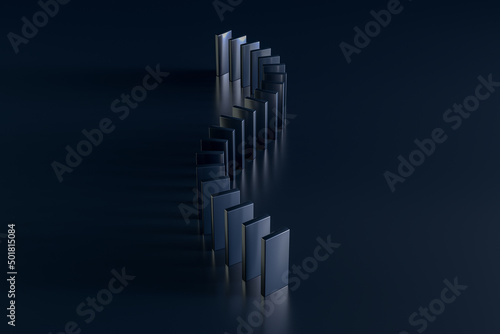 Fotografie Spiral of Dominoes on a Black Table. 3d Rendering