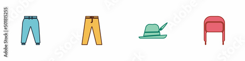 Set Sport pants, Pants, Oktoberfest hat and Winter with ear flaps icon. Vector