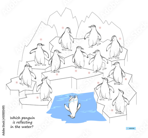 Logic puzzle game for children and adults. Which penguin is reflecting in the water? Page for brain teaser book. Developing kids spatial thinking. Task for attentiveness. Vector illustration.