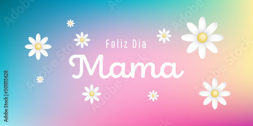 Spanish text : Feliz dia mama, with white blossoms on colorful background