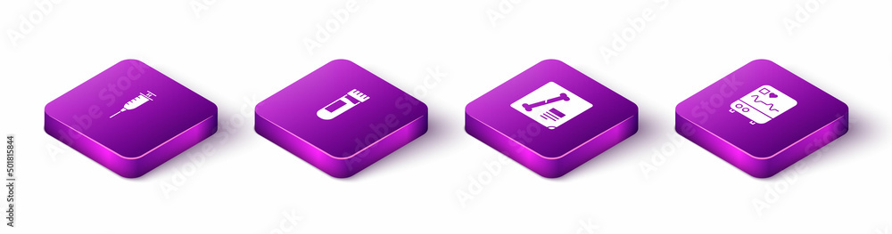 Set Isometric Syringe, Test tube with blood, X-ray shots and Monitor cardiogram icon. Vector Set Isometric Syringe, Test tube with blood, X-ray shots and Monitor cardiogram icon. Vector