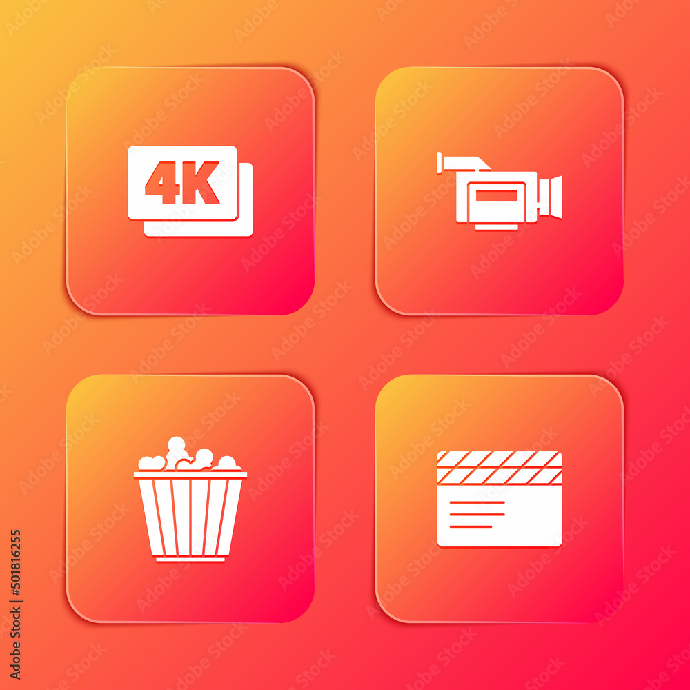 Set 4k Ultra HD, Cinema camera, Popcorn box and Movie clapper icon. Vector Set 4k Ultra HD, Cinema camera, Popcorn box and Movie clapper icon. Vector