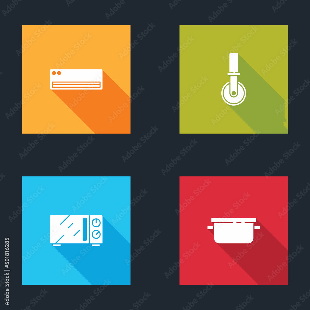 Set Air conditioner, Pizza knife, Microwave oven and Cooking pot icon. Vector Set Air conditioner, Pizza knife, Microwave oven and Cooking pot icon. Vector