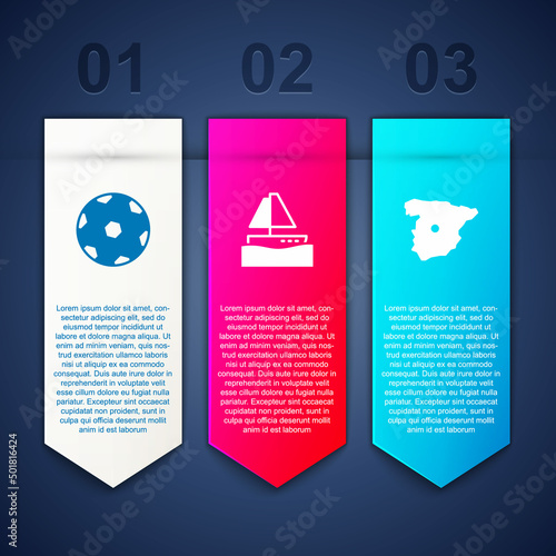 Set Football ball, Yacht sailboat and Map of Spain. Business infographic template. Vector
