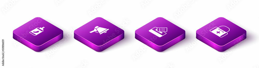 Set Isometric Pepper spray, Megaphone, Vote box and First aid kit icon. Vector Set Isometric Pepper spray, Megaphone, Vote box and First aid kit icon. Vector