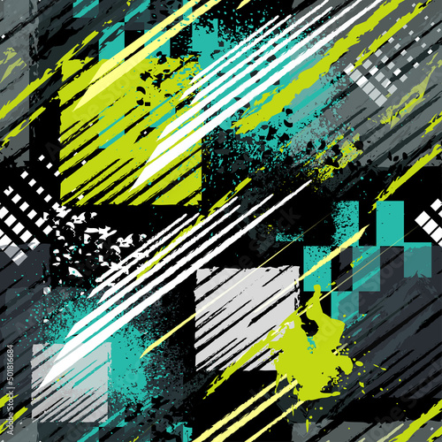 Abstract seamless chaotic pattern with urban geometric elements, scuffed, drops, spots, sprays Grunge neon texture background. Wallpaper for boys and girls