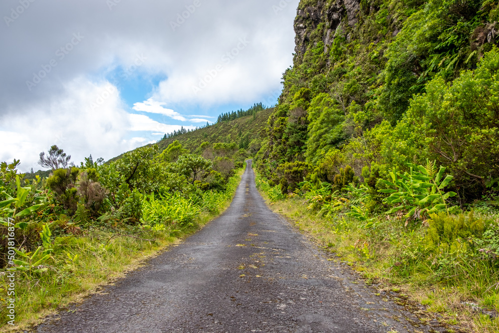 Landscape view over an old secondary traditional road in Lombadas Springs on the island of Sao Miguel, Azores, Portugal.