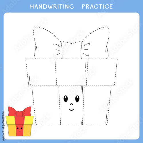 Handwriting practice sheet. Simple educational game for kids. Vector illustration of cute gift box for coloring book