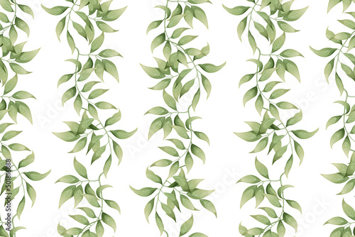 Seamless pattern with a vertical pattern of green leaves. Wallpaper, fabric, wrapping paper, scrapbooking paper