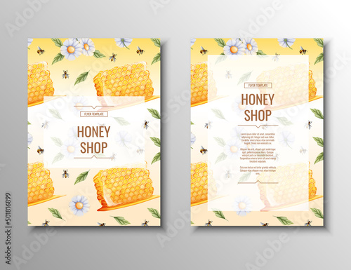 Flyer template with honeycomb. Honey shop, healthy natural product. Banner, poster, a4 cover