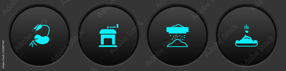 Set Sprout, Manual coffee grinder, Sifting flour and Seed icon. Vector Set Sprout, Manual coffee grinder, Sifting flour and Seed icon. Vector