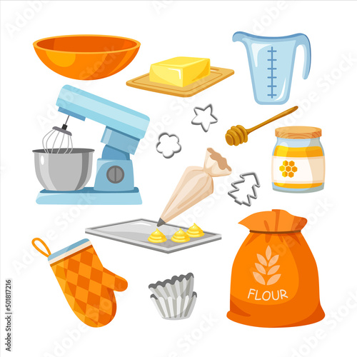 Symbols of kitchen tools, baking ingredient and food product.